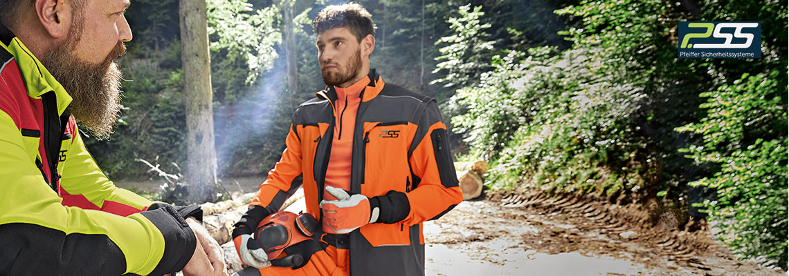Pfeiffer Sicherheitsysteme Arbeitsbekleidung in orange/dunkelgrau und rot/neon-grün - Wald